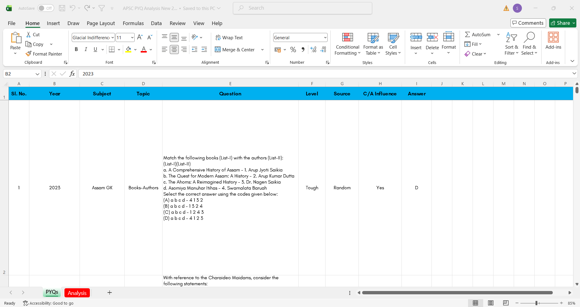 Year-wise PYQ analysis in Excel